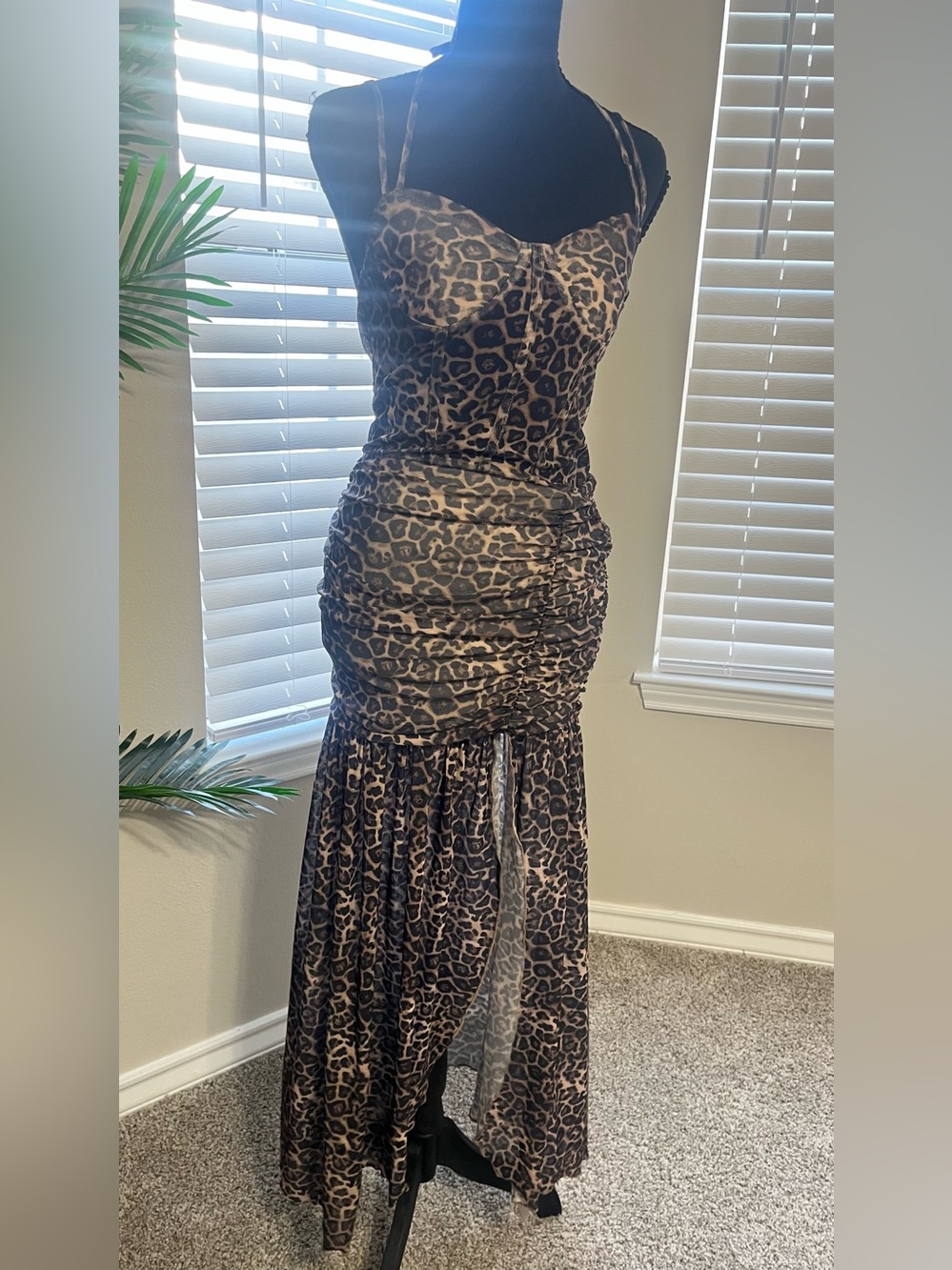 Leopard Print Ruched Maxi Dress in Brown